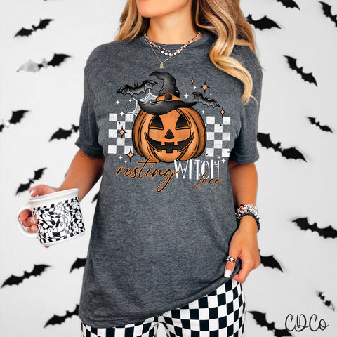Resting Witch Face Pumpkin Checkered White DTF