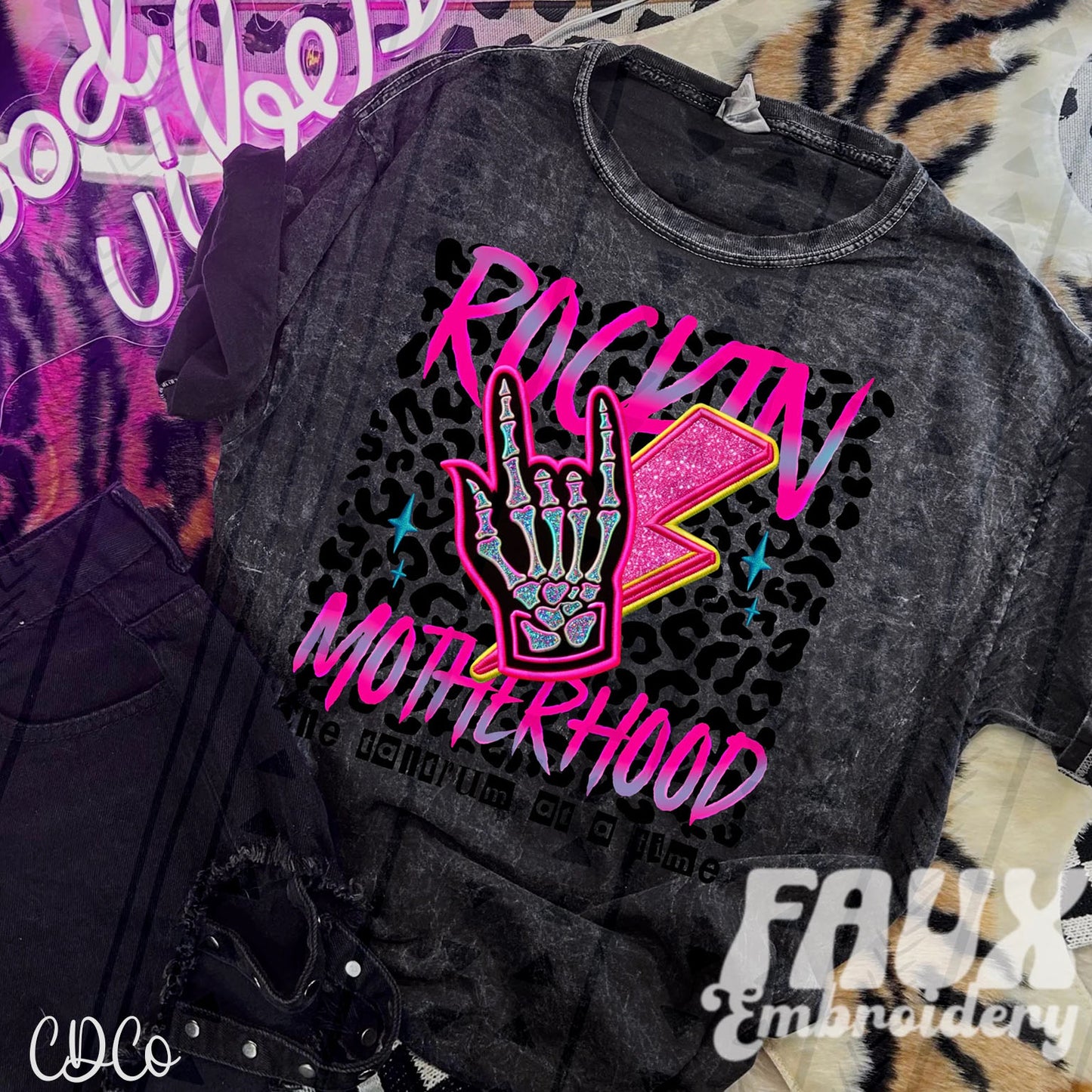 Rocking Motherhood One Tantrum at a Time Faux Embroidery DTF