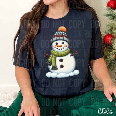 Faux Embroidery Snowman Green Scarf DTF