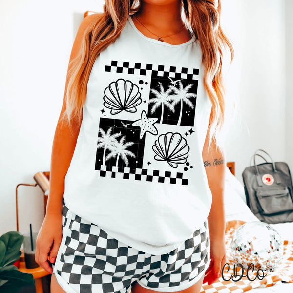 Seashells Starfish Palms Checkered DTF