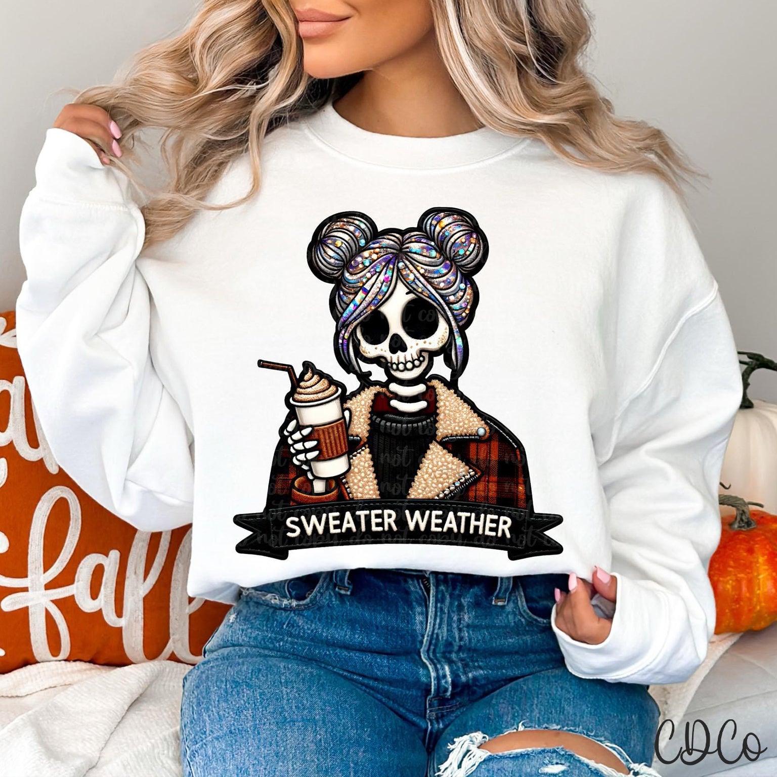 Sweater Weather Skellie Coffee Faux Embroidery DTF