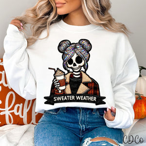 Sweater Weather Skellie Coffee Faux Embroidery DTF