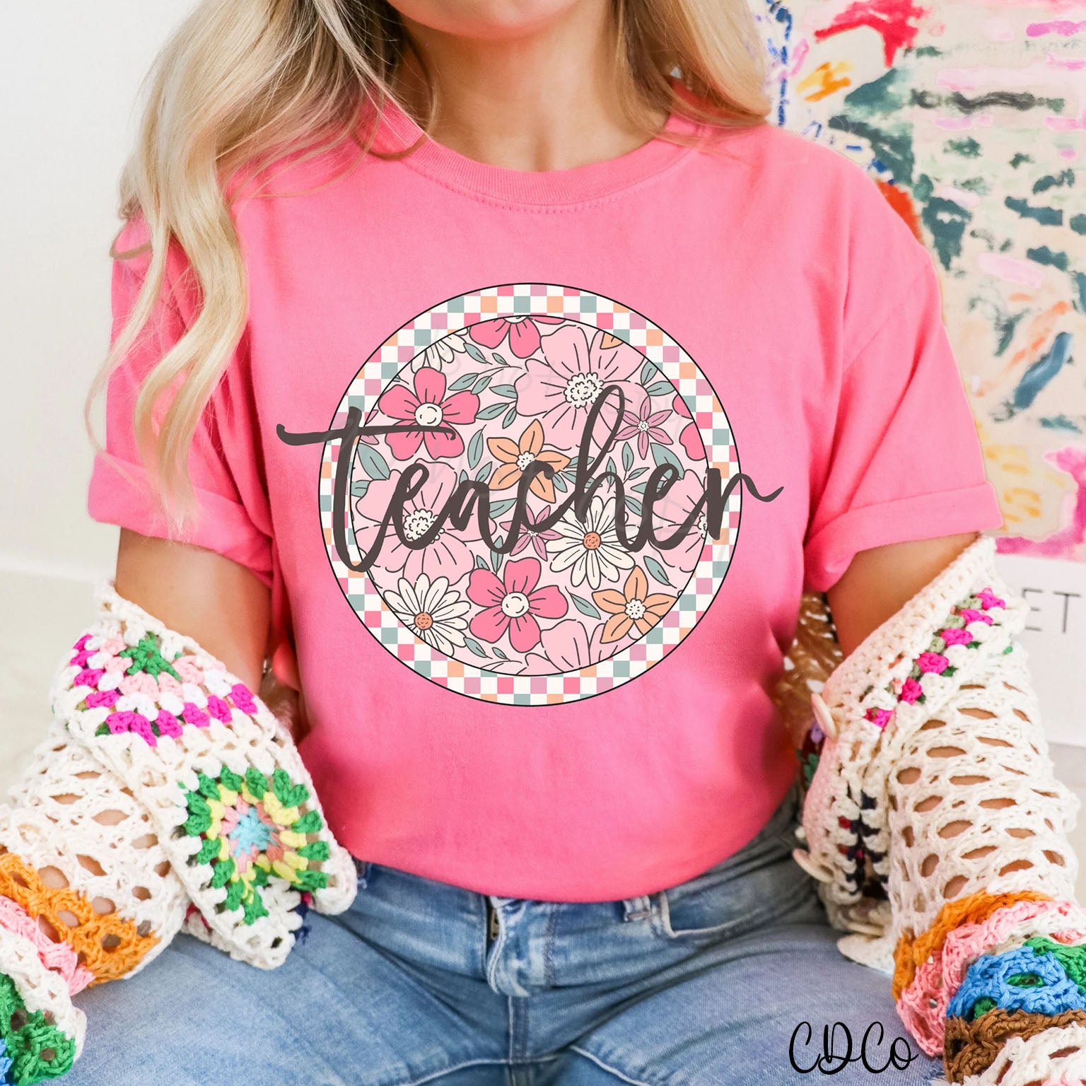 Teacher Checkered Floral Script Round DTF