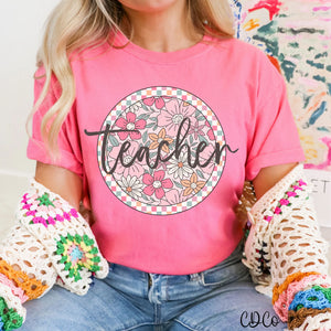 Teacher Checkered Floral Script Round DTF