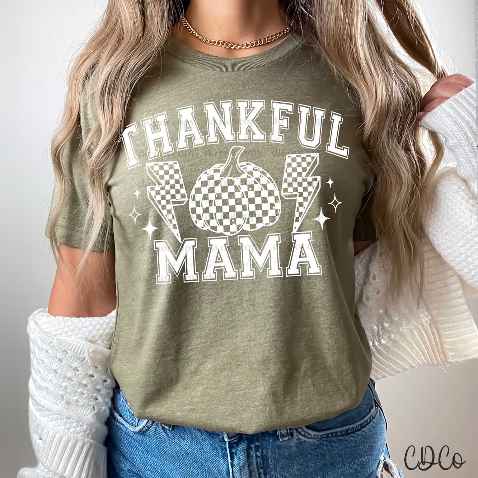 Thankful Mama Checked Pumpkin Bolt White DTF