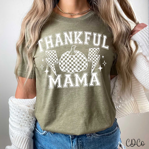 Thankful Mama Checked Pumpkin Bolt White DTF