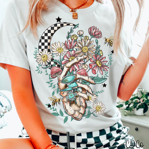 Turquoise Skellie Hand Floral Checkered Moon DTF