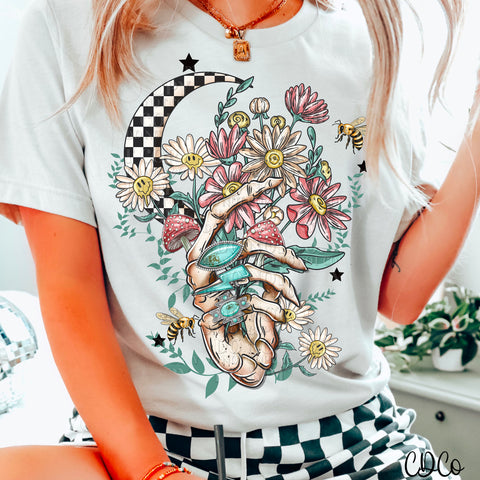 Turquoise Skellie Hand Floral Checkered Moon DTF