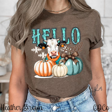 Turquoise Cow Pumpkin Trio Hello Fall DTF