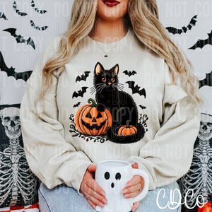 Black Halloween Cat Faux Embroidery DTF