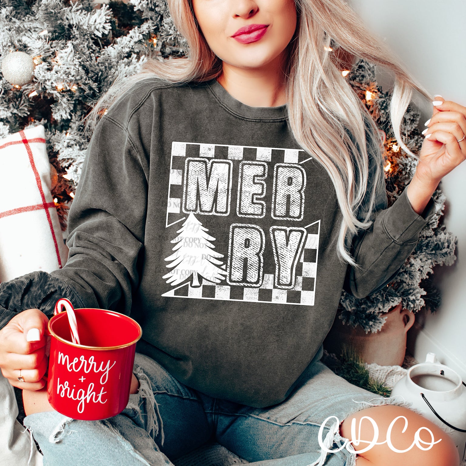 White Merry Checkered DTF