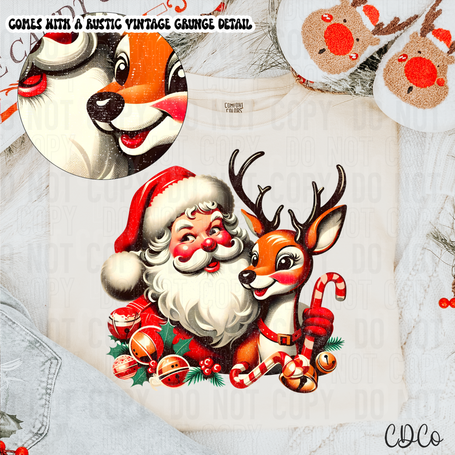 Vintage Santa With Reindeer Grunge DTF