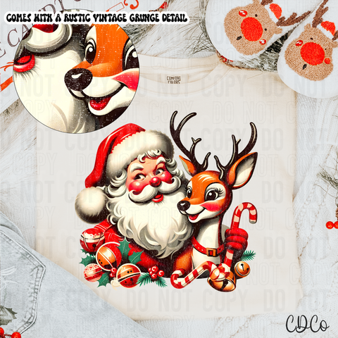 Vintage Santa With Reindeer Grunge DTF