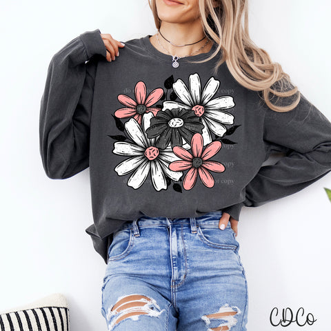 White Pink Black Floral Bouquet 3461 DTF