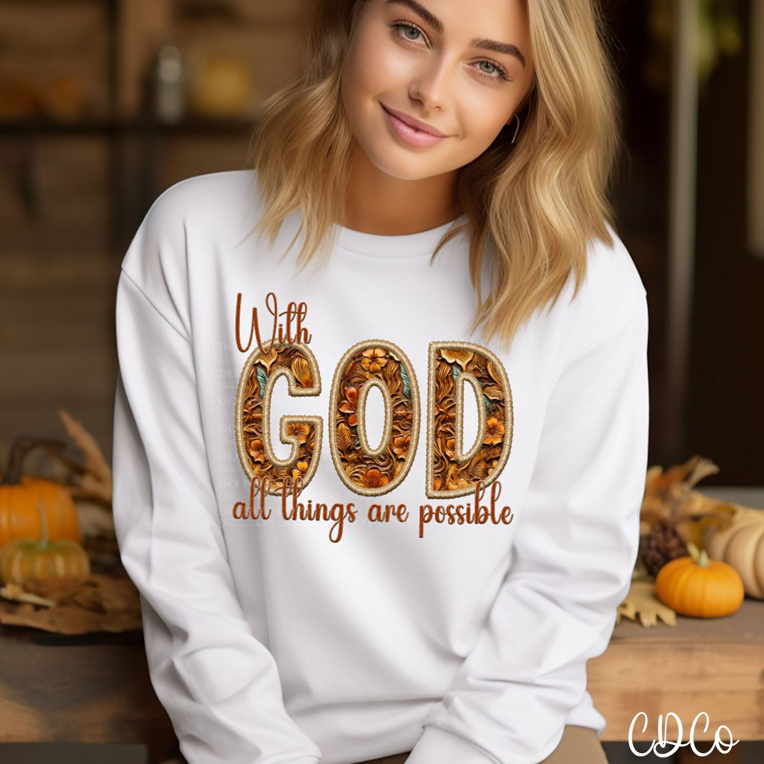 Fall With God All Things Are Possible Faux Embroidery Leather DTF