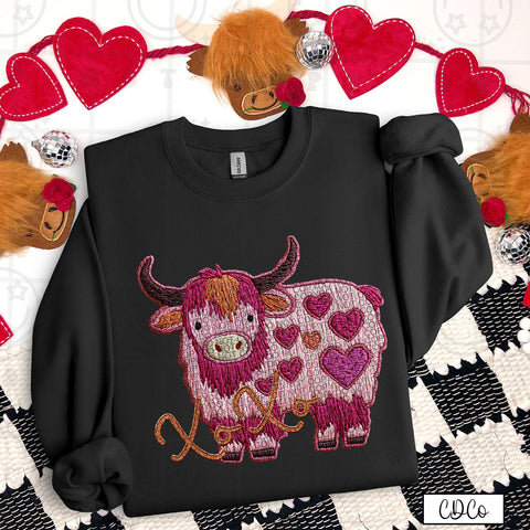 XOXO Pink Purple Highland Cow Checkered Faux Emb 3509 DTF