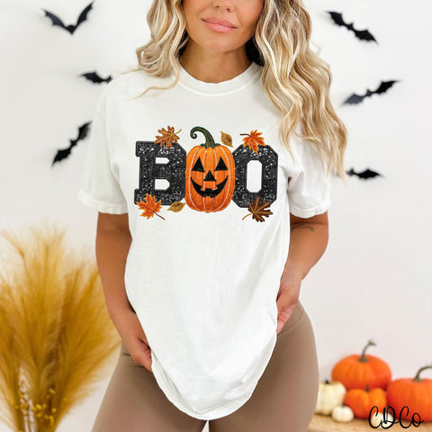 Leaves Pumpkin Boo Faux Embroidery Sequin DTF