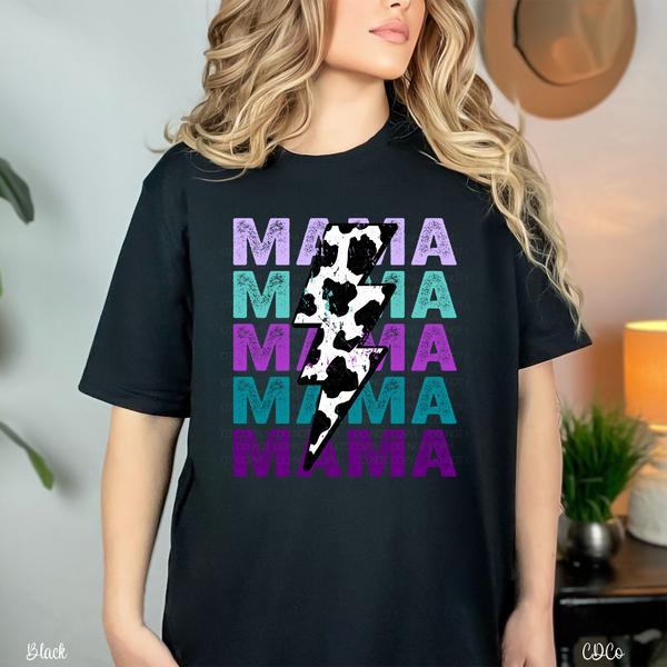 Mama Stacked Purple Teal Cowprint Bolt DTF