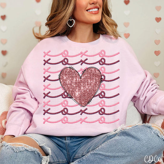 XOXO Stacked Heart Faux Embroidery Sparkle DTF